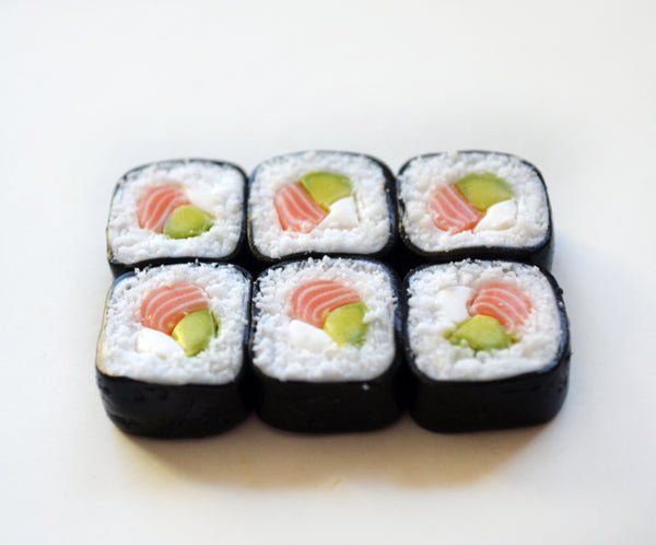 6 pc Salmon Avocado Sushi Maki Roll Miniature Food Magnet