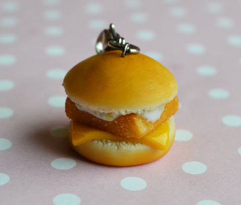 Fish Fillet Sandwich Charm, Key Chain, Necklace, Polymer Clay Mini Food Jewelry