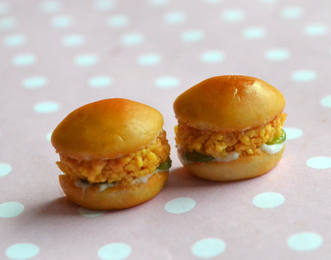 Fried Chicken Sandwich Stud Earrings, Polymer Clay Mini Food Jewelry