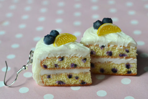 Lemon Blueberry Cake Slice Dangle Earrings