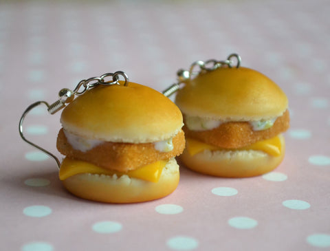 Fish Fillet Sandwich Dangle Earrings, Polymer Clay Mini Food Jewelry