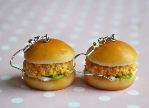 Chicken Sandwich Dangle Earrings, Polymer Clay Mini Food Jewelry