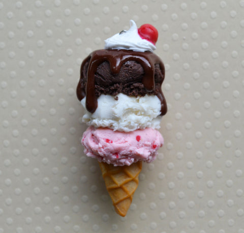 Neapolitan Ice Cream Cone Sundae Charm,  Key Chain, Pendant