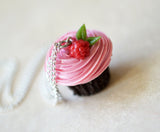 Raspberry Buttercream Chocolate Cupcake Necklace Polymer Clay Miniature
