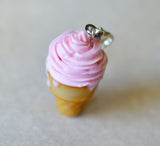 Strawberry Soft Serve Polymer Clay Miniature Ice Cream Cone Charm or Key Chain
