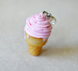 Strawberry Soft Serve Polymer Clay Miniature Ice Cream Cone Charm or Key Chain