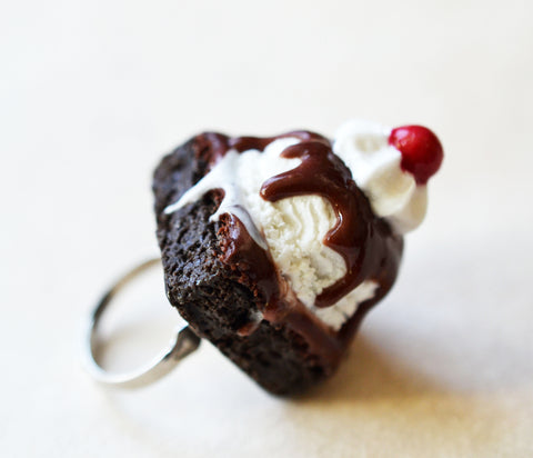 Brownie Ice Cream Sundae Miniature Food Ring, Adjustable, Polymer Clay