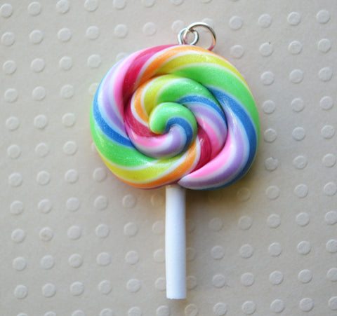 Rainbow Lollipop Charm, Key Chain, Polymer Clay Mini Food