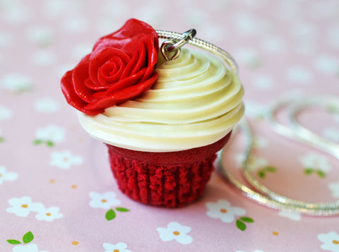 Red Velvet Rose Cupcake Necklace, Polymer Clay, Miniature Food Jewelry