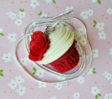 Red Velvet Rose Cupcake Necklace, Polymer Clay, Miniature Food Jewelry