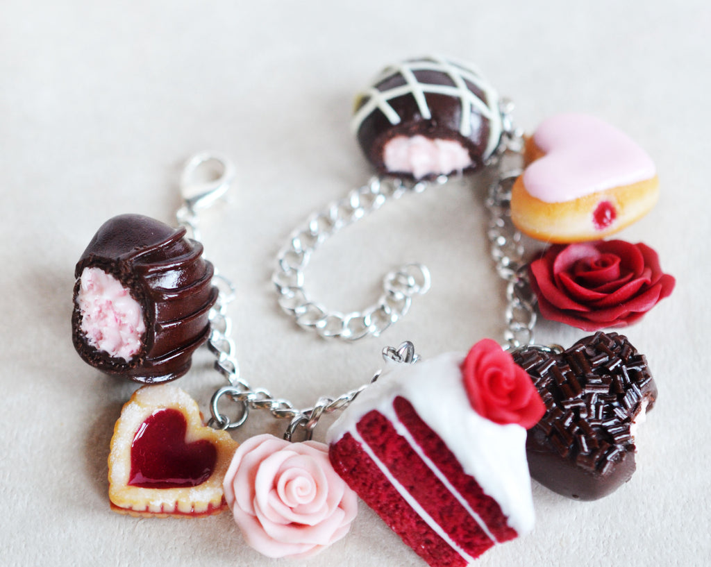 Valentine's Day Flowers and Chocolate Dessert Charm Bracelet, Polymer –  ScrumptiousDoodle
