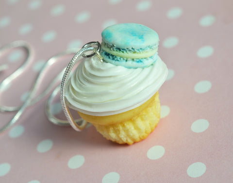French Macaron Vanilla Cupcake Miniature Food Necklace, Polymer Clay