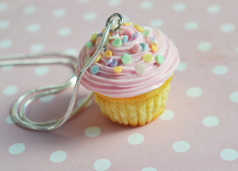 Pastel Sprinkles Vanilla Cupcake Necklace, Polymer Clay