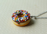 Chocolate Frosted with Rainbow Sprinkles Doughnut Necklace, Polymer Clay Food Necklace