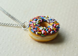 Chocolate Frosted with Rainbow Sprinkles Doughnut Necklace, Polymer Clay Food Necklace