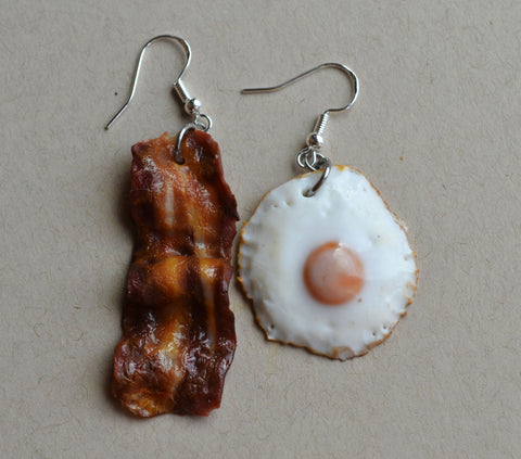 Bacon and Egg Breakfast Dangle Earrings, Polymer Clay Mini Food Jewelry