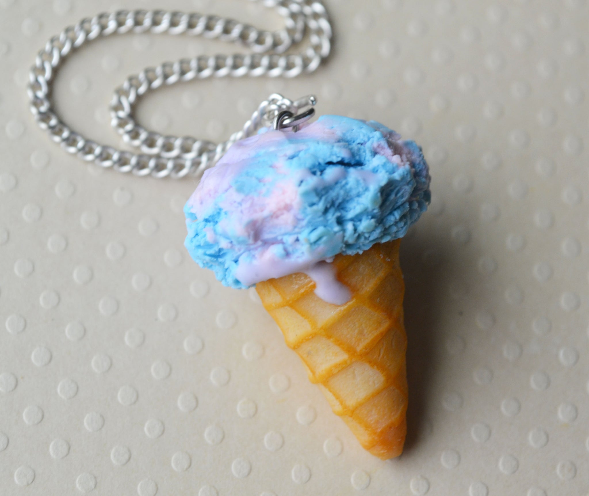 Cotton Candy Ice Cream Cone Necklace, Polymer Clay Mini Food