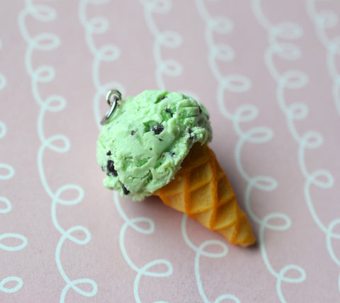 Mint Chocolate Chip Ice Cream Cone Charm or Key Chain, Polymer Clay