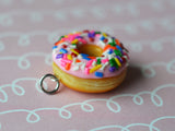 Strawberry Doughnut with Rainbow Sprinkles Polymer Clay Charm or Key Chain