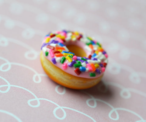 Strawberry Doughnut with Rainbow Sprinkles Polymer Clay Charm or Key Chain