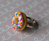 Strawberry Pink Doughnut With Rainbow Sprinkles Adjustable Ring, Polymer Clay