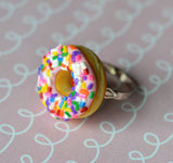 Strawberry Pink Doughnut With Rainbow Sprinkles Adjustable Ring, Polymer Clay