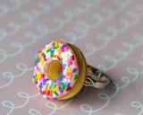 Strawberry Pink Doughnut With Rainbow Sprinkles Adjustable Ring, Polymer Clay