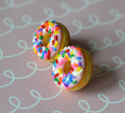 Strawberry Pink Doughnut Stud Earrings, Polymer Clay