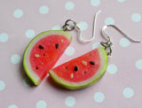 watermelon Slice Dangle Hook Earrings, Polymer Clay Miniature Food Earrings