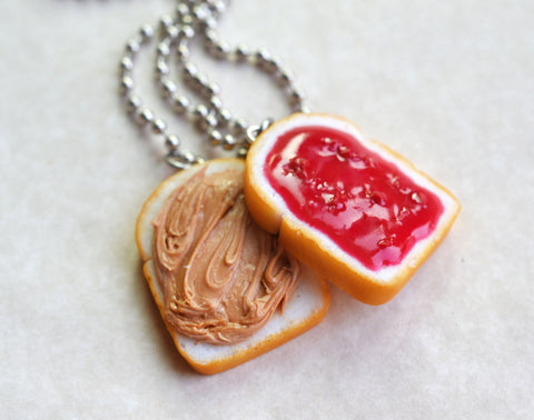 Strawberry Peanut Butter Sandwich and Jelly BFF Best friend Friendship Necklaces Set, Polymer Clay