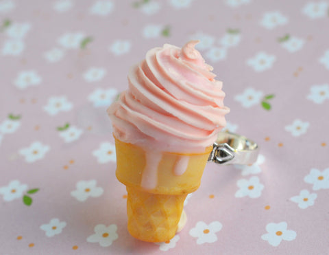 Strawberry Soft Serve Ice Cream Cone Adjustable Ring, Polymer Clay Miniature Food Jewelry