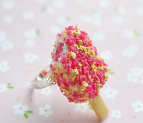 Strawberry Short Cake Ice Cream Bar Adjustable Ring, Polymer Clay Miniature Food Jewelry