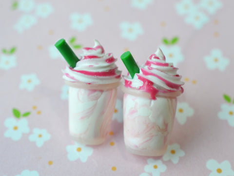 strawberry frappuccino stud earrings, polymer clay miniature food jewelry