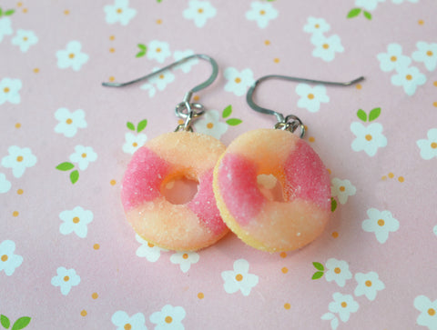 Peach Rings Gummy Hook Dangle Earrings, Polymer Clay Miniature Food Earrings
