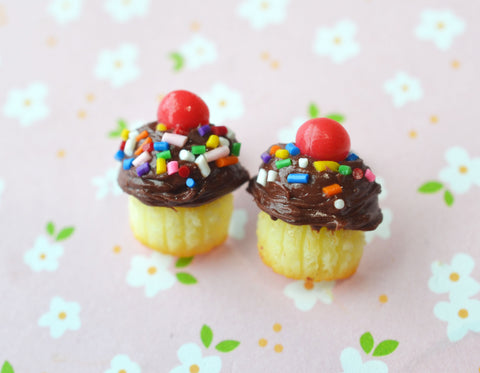 Chocolate with sprinkles cupcake stud earrings, polymer clay mini food jewelry