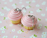 Strawberry Vanilla Cupcake Dangle Hook earrings, Polymer Clay Miniature Food Jewelry