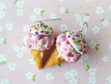 Strawberry Ice Cream Cone Dangle Hook Earrings, Polymer Clay Miniature Food Jewelry