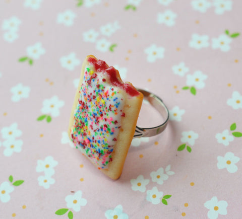 strawberry pop tart ring, polymer clay miniature food jewelry
