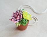 Miniature Succulent Arrangement in Terracotta Pot Polymer Clay Necklace