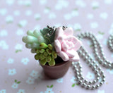 Mini Succulent Arrangement in Terracotta Pot, Polymer Clay Necklace