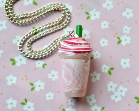 Pink frappuccino mini drink polymer clay necklace