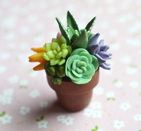 Polymer Clay Cactus Succulent Plat Arrangement in Mini Terracotta Pot Magnet