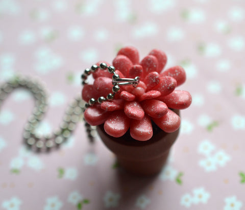 Pink and White Succulent Plant Polymer Clay Necklace