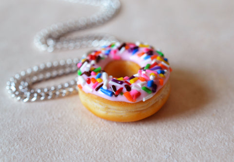 Strawberry Frosted Doughnut with Rainbow Sprinkles Necklace, Polymer Clay