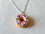Strawberry Frosted Doughnut with Rainbow Sprinkles Necklace, Polymer Clay