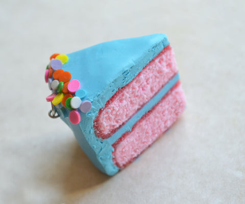 Blue Birthday Cake Slice Polymer Clay Cake Slice Charm, Pendant, Key Chain