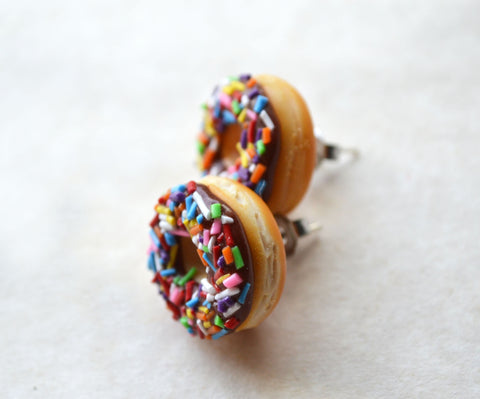 Chocolate Doughnut With Rainbow Sprinkles Stud Earrings, Polymer Clay