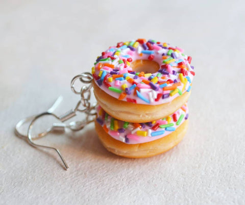 Strawberry Doughnut Hook Dangle Earrings, Polymer Clay Food Jewelry