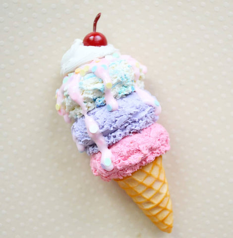 Triple scoop pastel Ice cream cone magnet, polymer clay food magnet