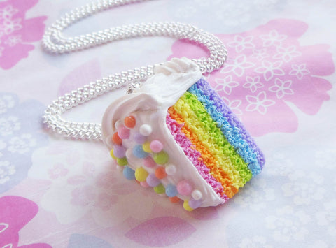 Pastel Rainbow Cake Slice Necklace, Polymer Clay Food Necklace